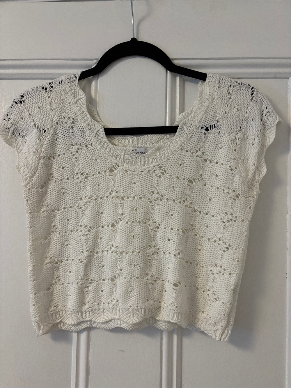 Cream Open-Knit Short Sleeve Sweater Blouse
